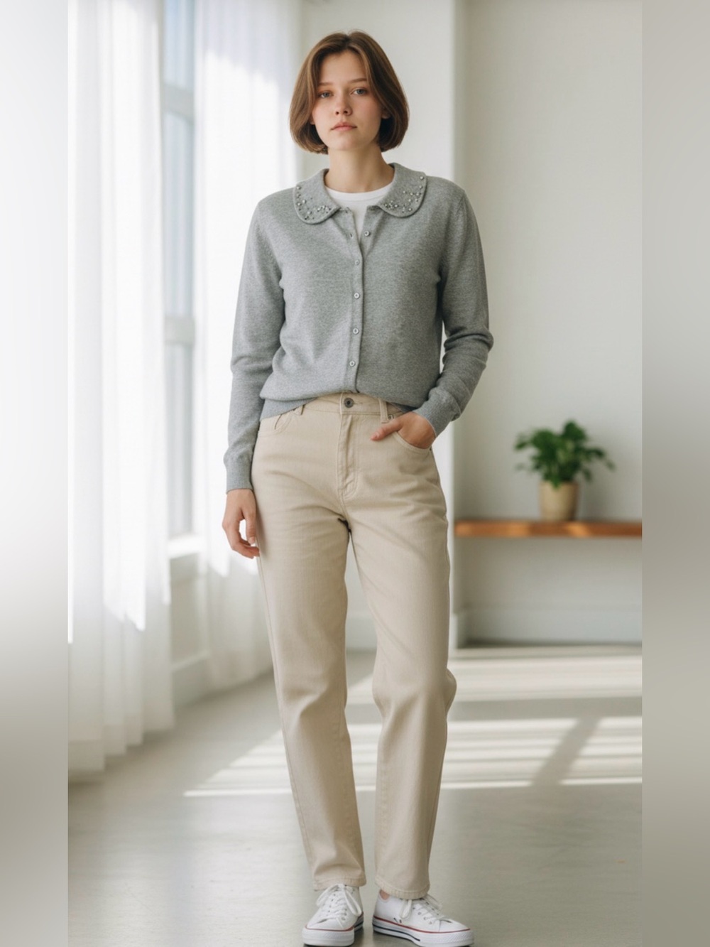 Women’s Medium Gray Cardigan Rhinestone Peter Pan‎ Collar Twee Fairy Preppy